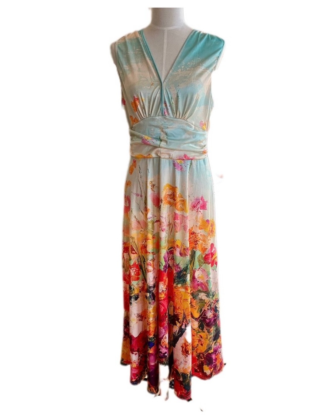 Floral V-Neck Maxi Dress in Multicolor Sky to Garden Scene